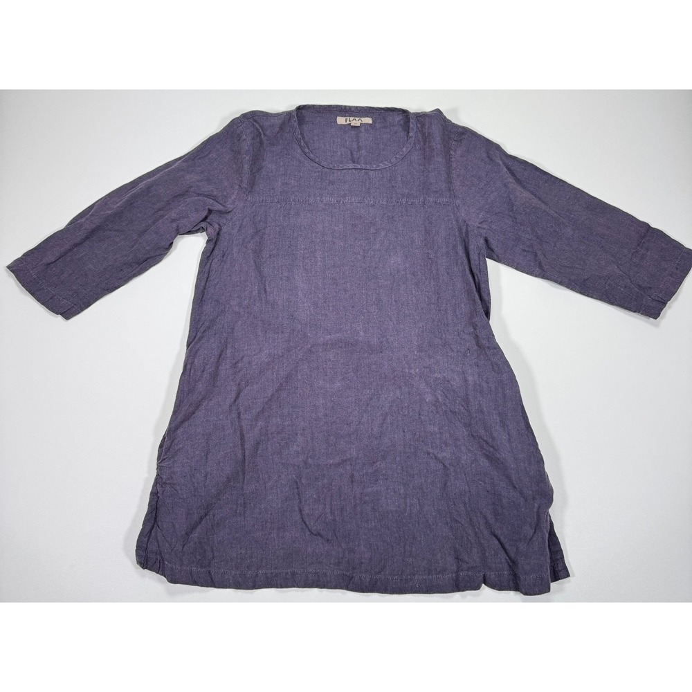 FLAX Linen Tunic Dress Womens Petite P Purple 3/4 Sleeve Pockets Lagenlook Boho